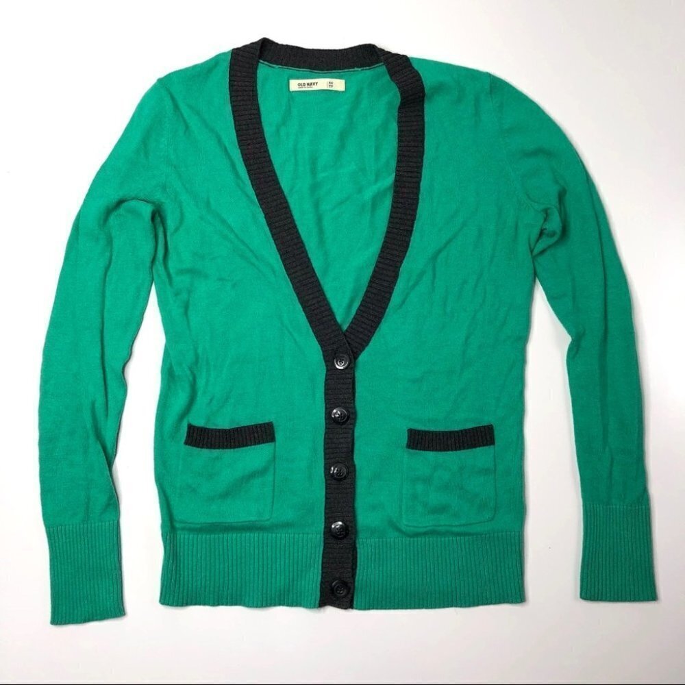 OLD NAVY Mint Green Deep Seafoam Buttonup Deep V Varsity Pocket Cardigan Sweater